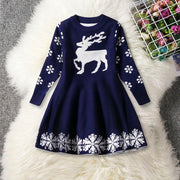 Girls Christmas Dress Full Sleeve Snowflake Print Reindeer Christmas Costume 3-8 Years - MomyMall Navy / 2-3 Years