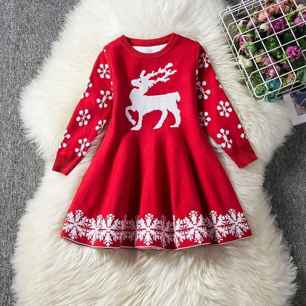 Girls Christmas Dress Full Sleeve Snowflake Print Reindeer Christmas Costume 3-8 Years - MomyMall Red / 2-3 Years