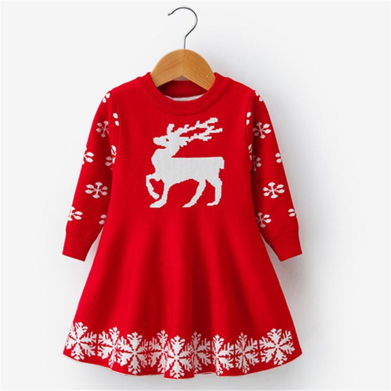 Girls Christmas Dress Full Sleeve Snowflake Print Reindeer Christmas Costume 3-8 Years - MomyMall