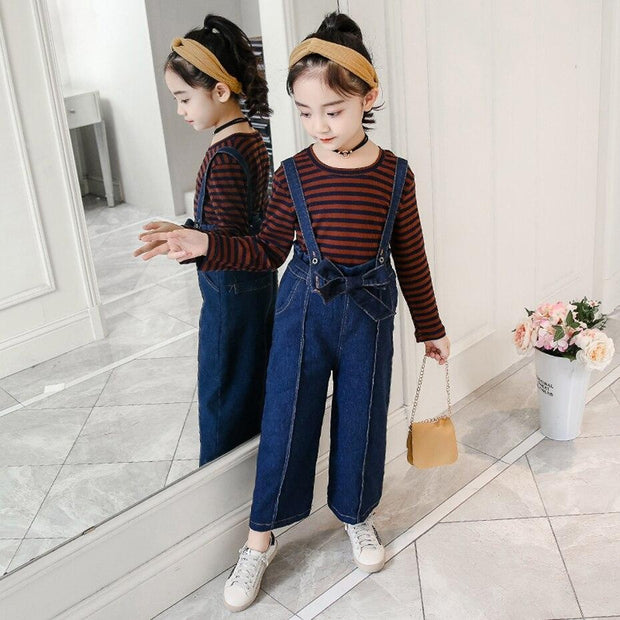 Girls Denim Bib Pants +Plaid Tops 2 Pcs Suits 3-16 Years