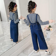 Girls Denim Bib Pants +Plaid Tops 2 Pcs Suits 3-16 Years