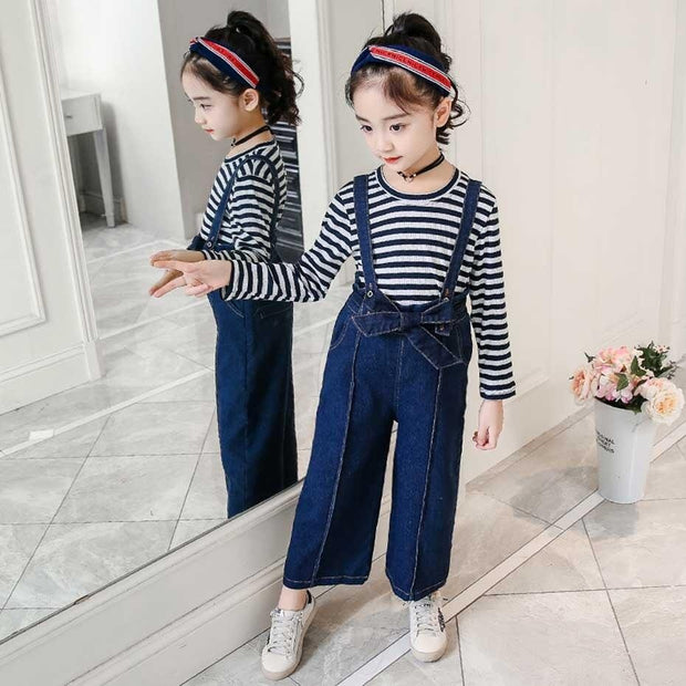 Girls Denim Bib Pants +Plaid Tops 2 Pcs Suits 3-16 Years