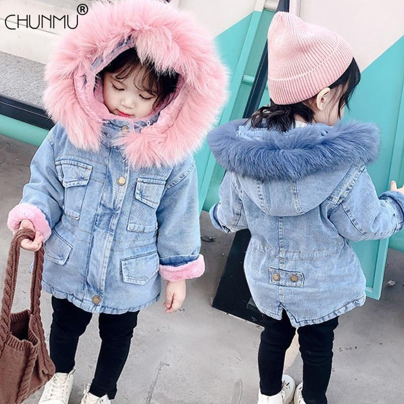 Baby Girls Coats Fur Collar Jackets Winter Thick Denim Outerwear 1-6Y - MomyMall