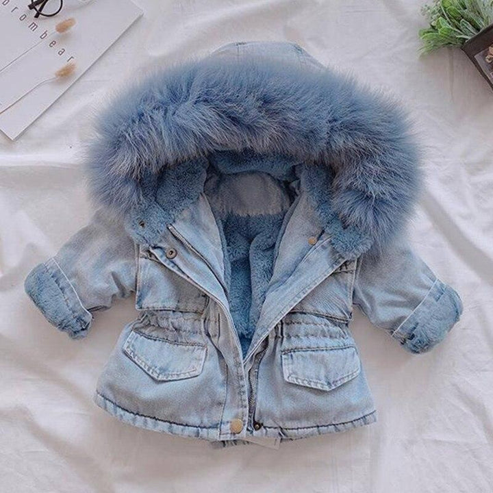 Baby Girls Coats Fur Collar Jackets Winter Thick Denim Outerwear 1-6Y - MomyMall Sky Blue / 18-24 months