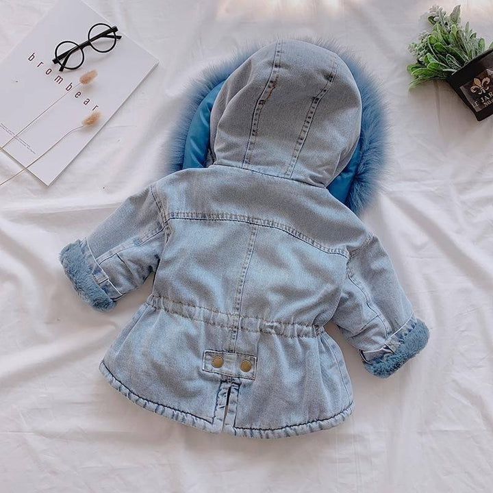 Baby Girls Coats Fur Collar Jackets Winter Thick Denim Outerwear 1-6Y - MomyMall