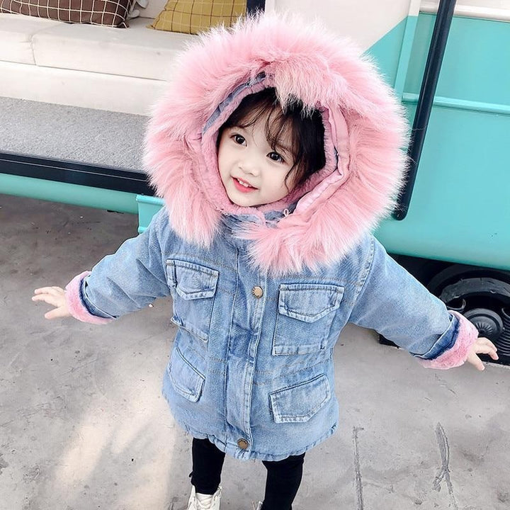 Baby Girls Coats Fur Collar Jackets Winter Thick Denim Outerwear 1-6Y - MomyMall Pink / 18-24 months
