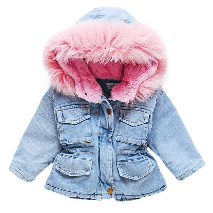 Baby Girls Coats Fur Collar Jackets Winter Thick Denim Outerwear 1-6Y - MomyMall