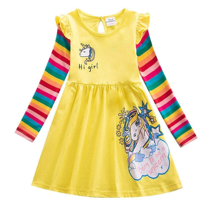 Girls Dress Cotton Long Sleeve Unicorn Spring Autumn Embroidered Rainbow Dress - MomyMall YELLOW / 3-4 Years