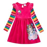 Girls Dress Cotton Long Sleeve Unicorn Spring Autumn Embroidered Rainbow Dress - MomyMall RED / 3-4 Years