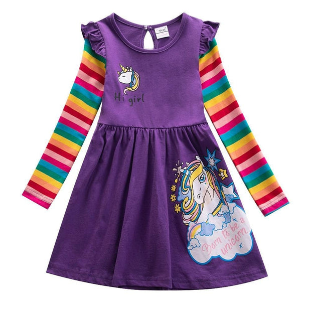 Girls Dress Cotton Long Sleeve Unicorn Spring Autumn Embroidered Rainbow Dress - MomyMall PURPLE / 3-4 Years