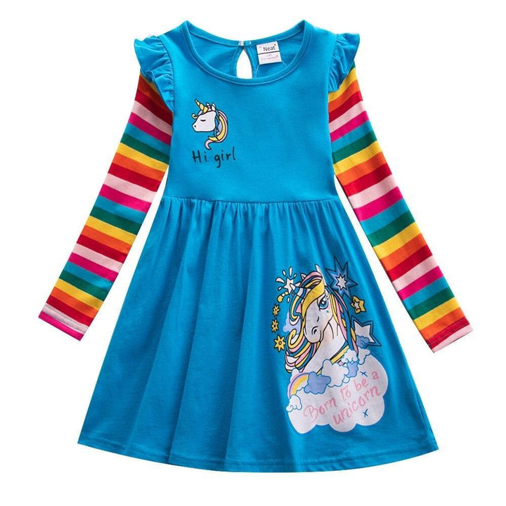 Girls Dress Cotton Long Sleeve Unicorn Spring Autumn Embroidered Rainbow Dress - MomyMall BLUE / 3-4 Years