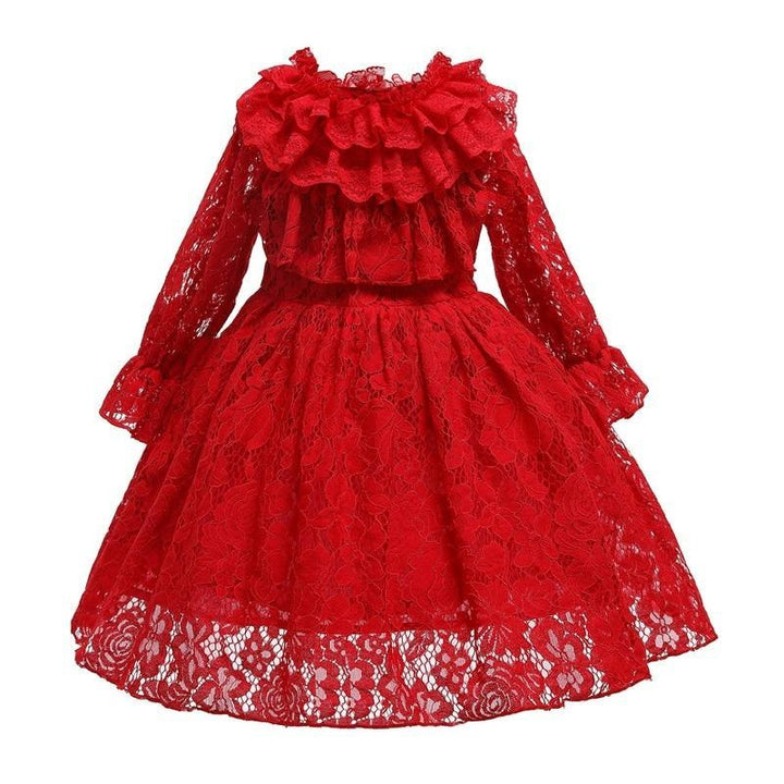 Girls Dresses Autumn Winter Wear Lace Princess Flower Dress - MomyMall Red / 2-3 Years