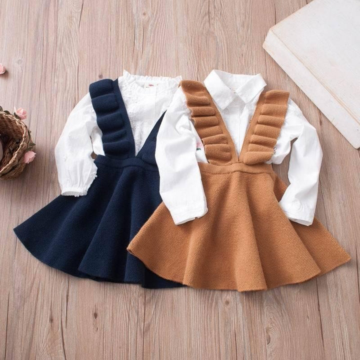 Girls Knitted Flare Sleeve Strap Skirts For 2-7Years - MomyMall