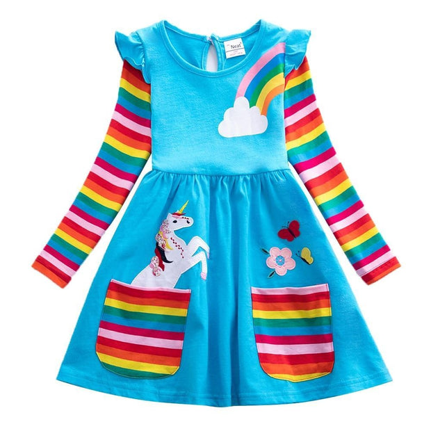 Girls Long Sleeve Unicorn Dress Autumn Cotton Flower Dress - MomyMall Blue / 18-24M