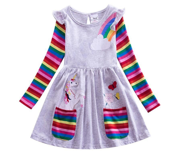 Girls Long Sleeve Unicorn Dress Autumn Cotton Flower Dress - MomyMall Gray / 18-24M