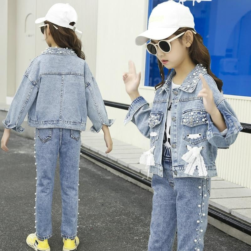 Girl Clothes Casual Korean Style Autumn Jeans Denim Suit Outfits 2 Pcs 4-14 Years - MomyMall