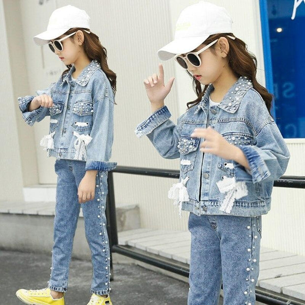 Girl Clothes Casual Korean Style Autumn Jeans Denim Suit Outfits 2 Pcs 4-14 Years - MomyMall 2 Pcs / 3-4 Years