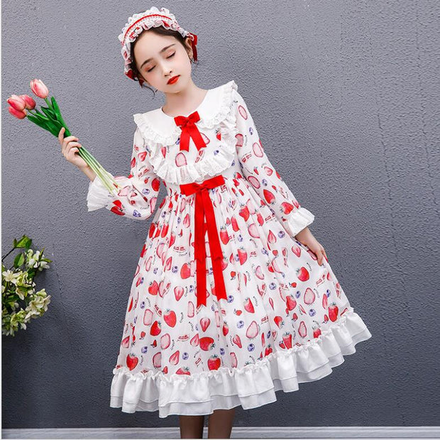 Girls Princess Winter Print Lolita Wedding Teenage Christmas Dress, Pink / 5-6 Years