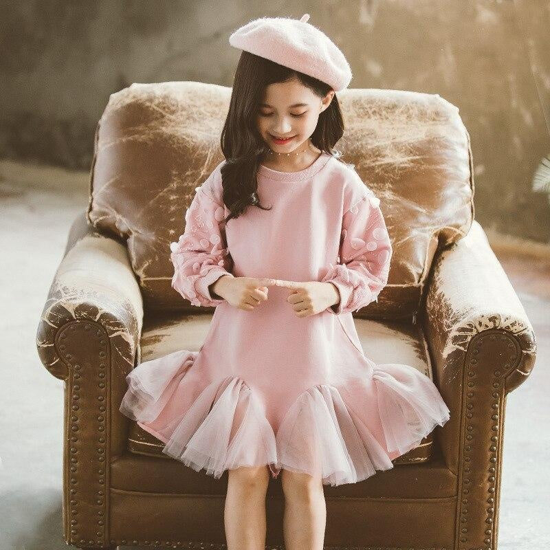 Girls Dress Tutu Lace Long Sleeve Elegant Fashion Dresses 4-14 Years - MomyMall Pink / 4-5 Years