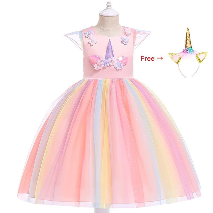 Girls Unicorn Dress Gown Birthday Party Fantasy Princess Dresses - MomyMall Pink with Headband / 2-3 Years