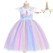 Girls Unicorn Dress Gown Birthday Party Fantasy Princess Dresses - MomyMall Blue with Headband / 2-3 Years