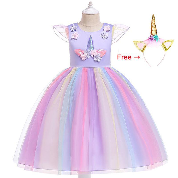 Girls Unicorn Dress Gown Birthday Party Fantasy Princess Dresses - MomyMall Purple with Headband / 2-3 Years