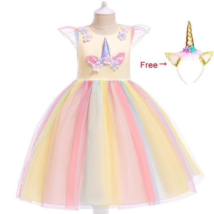 Girls Unicorn Dress Gown Birthday Party Fantasy Princess Dresses - MomyMall Yellow with Headband / 2-3 Years