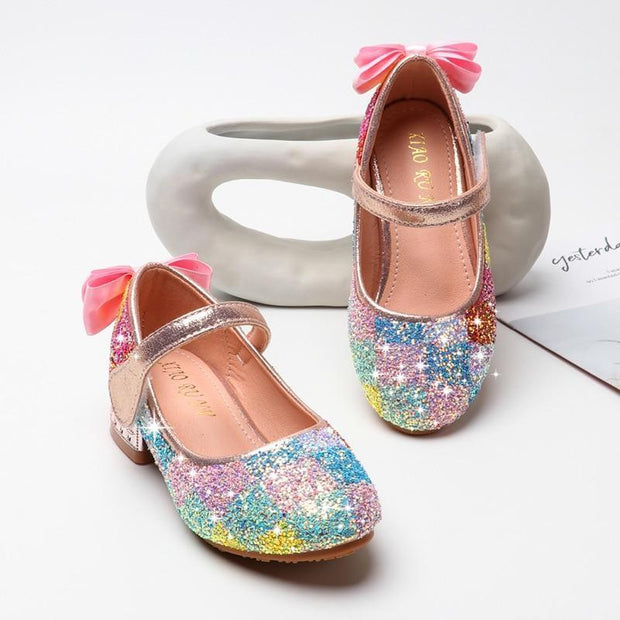 Kid Girls Dance Shoes Sequins Crystal Heels Shoes