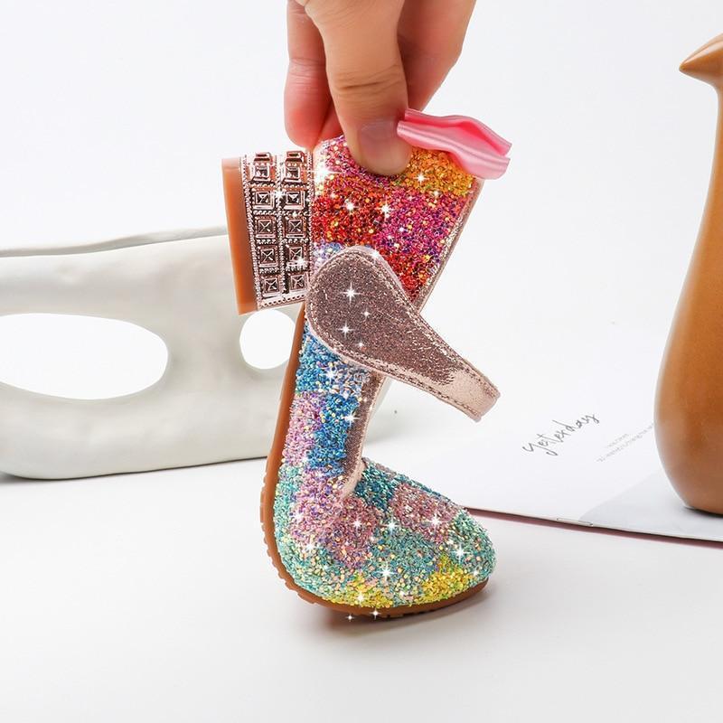 Kid Girls Dance Shoes Sequins Crystal Heels Shoes