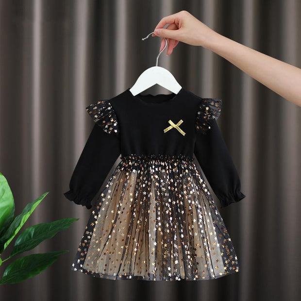Girls Dress Autumn Fluffy Tops Net Yarn Princess Dress 0-6 Years - MomyMall Black / 6 -9M