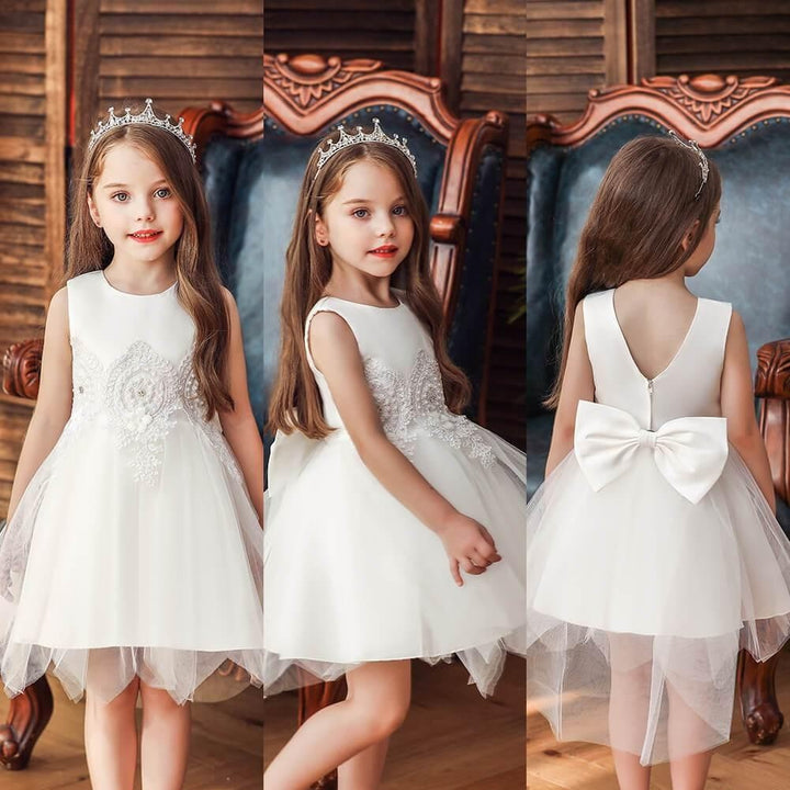 Girl Irregular Mesh Dress Big Bow Princess Dress - MomyMall white / 12M
