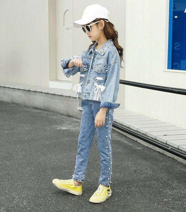 Girl Clothes Casual Korean Style Autumn Jeans Denim Suit Outfits 2 Pcs 4-14 Years - MomyMall