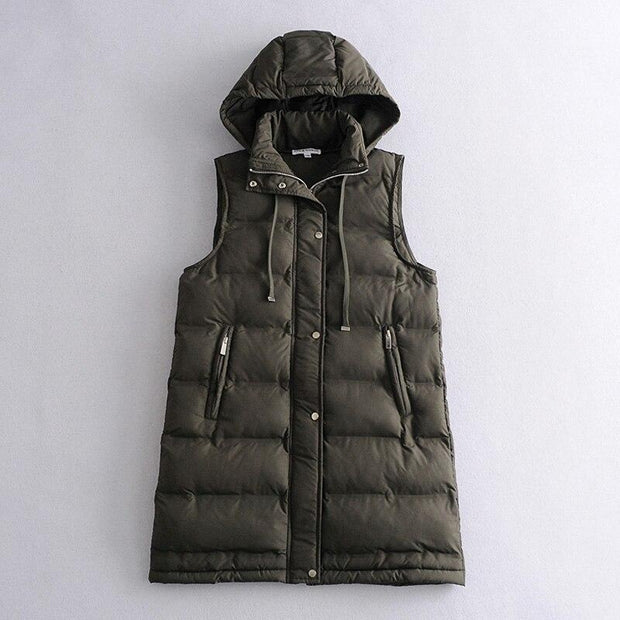 Mid-Thigh Down Puffer Jacket With Drawstring Hood