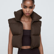 Cropped Zipper Puffer Vest With Collar