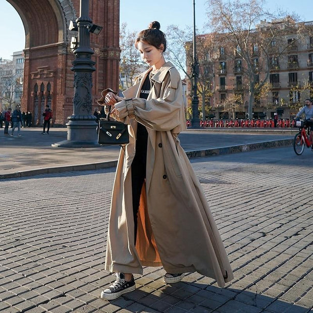 Oversized Double Breasted Long Trench Coat With Belt
