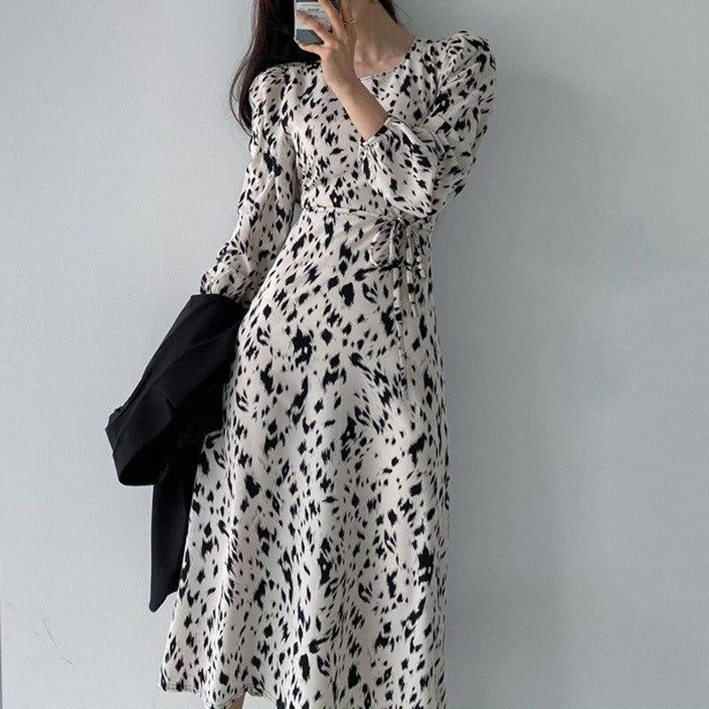 Splodge Midi Dress With Self Tie Belt & Long Puff Sleeves - MomyMall