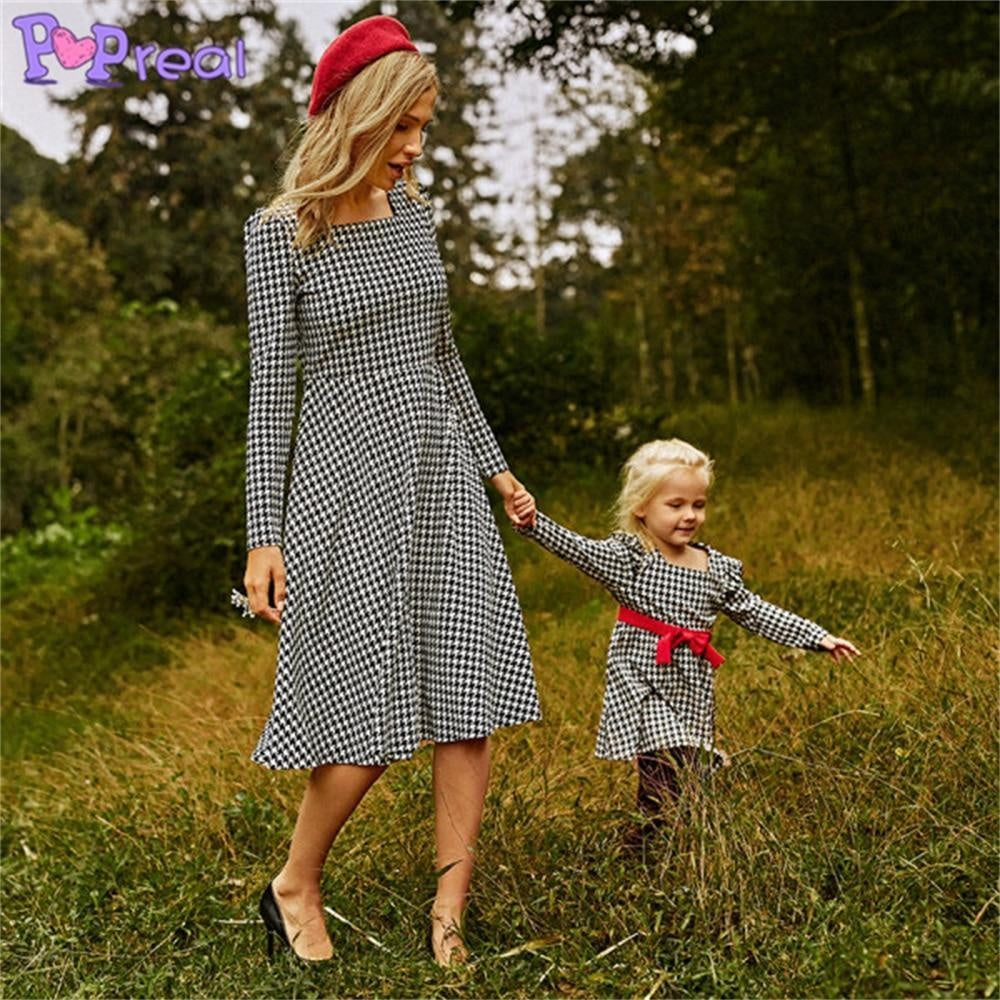 Family Matching Autumn Fashion Print Bow Mom Daughter Dresses - MomyMall