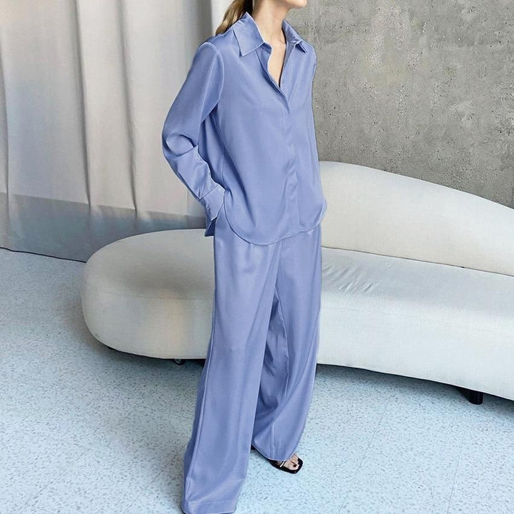 2 Piece Satin Loungewear Set - Oversized Shirt & Wide Leg Trousers Co-Ord - MomyMall BLUE / S