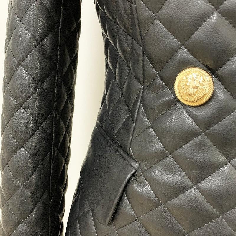 Quilted Leather Button Blazer - MomyMall