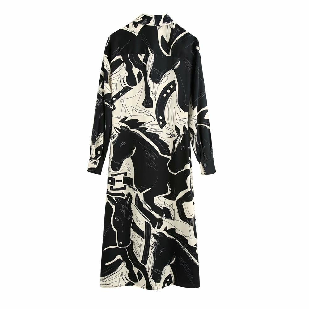 Printed Button Trough Long Sleeve Midi Dress