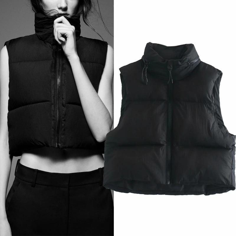 Cropped Sleeveless Puffer Vest With Zip Up Front