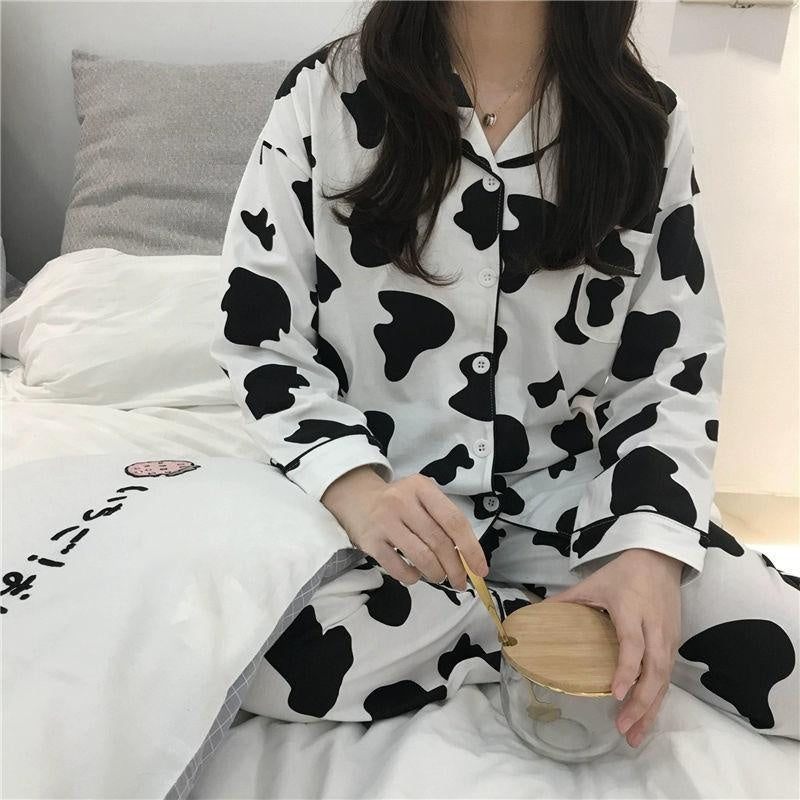 Plus Size Cow Print 2 Piece Trouser Pyjama Set - MomyMall