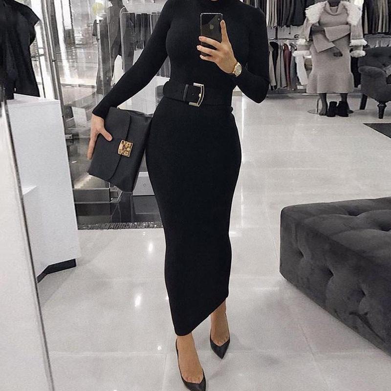 Turtleneck Seamless Bodycon Midi Dress - Long Sleeve Dress - MomyMall BLACK / S