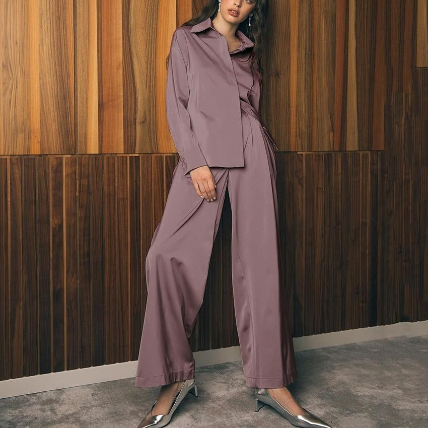 2 Piece Satin Loungewear Set - Oversized Shirt & Wide Leg Trousers Co-Ord - MomyMall BROWN / S