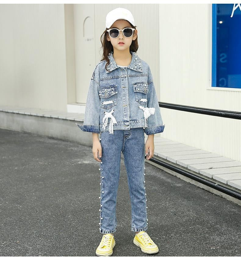 Girl Clothes Casual Korean Style Autumn Jeans Denim Suit Outfits 2 Pcs 4-14 Years - MomyMall