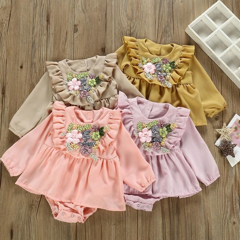 Baby Girls Long Sleeve Emboridery Flower Rompers Outfits Bodysuit - MomyMall