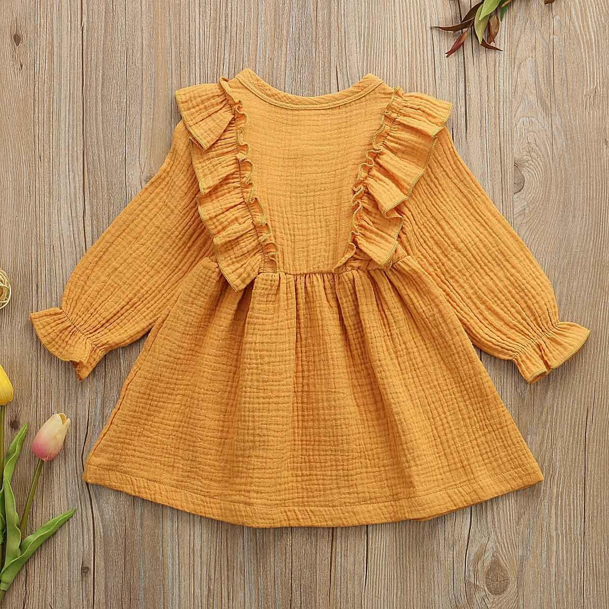 Toddler Kids Baby Girl Ruffles Long Sleeve Solid Linen Casual Dress 1-6Y - MomyMall