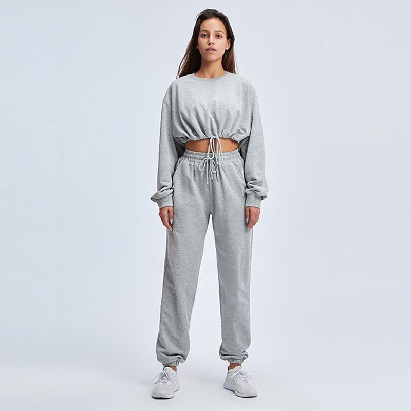 Long Sleeve Drawstring Hem Crop Top & High Waist Tracksuit - Basic Oversized Co-Ord