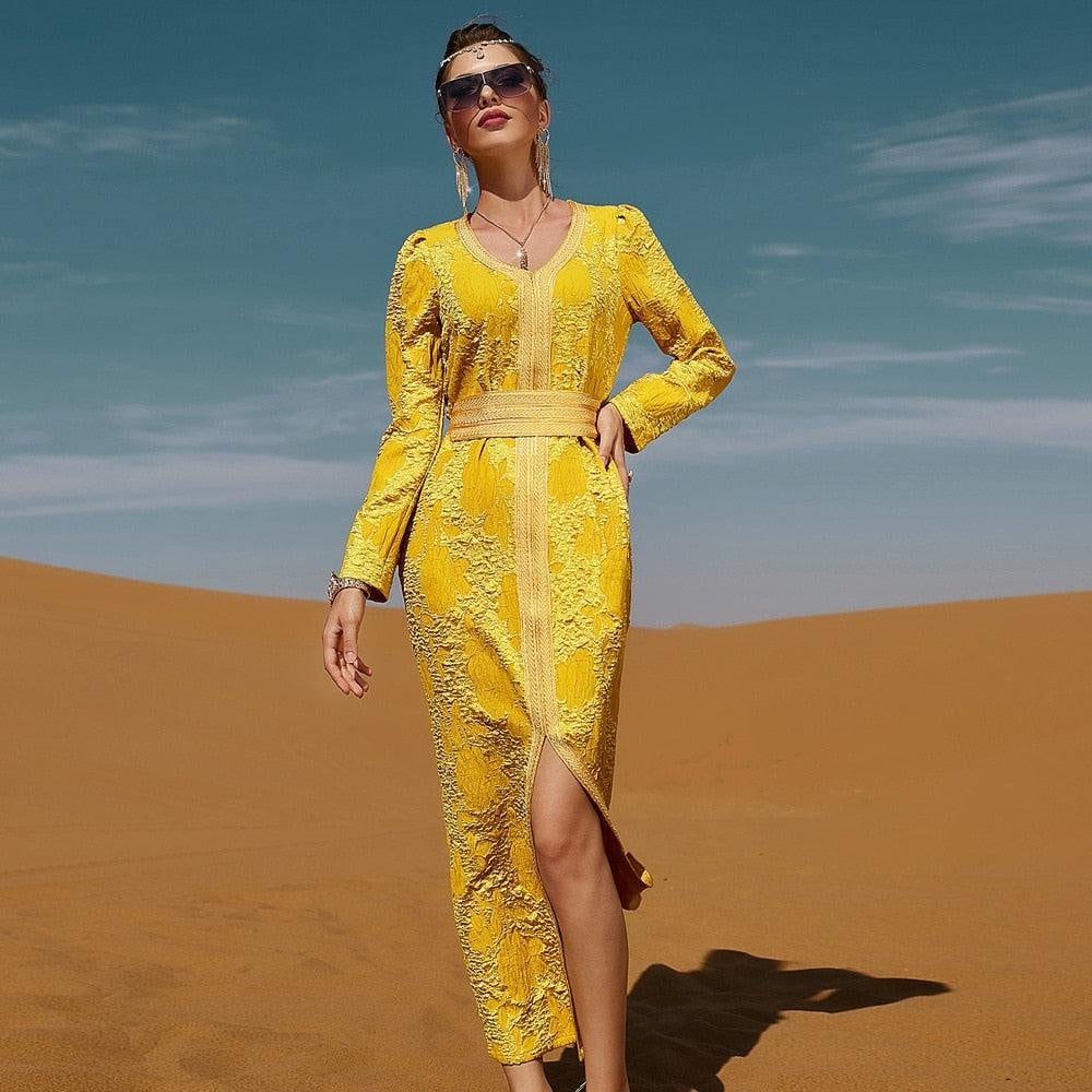 Morocco Golden Palace Style 3D Pattern V Neck Long - MomyMall