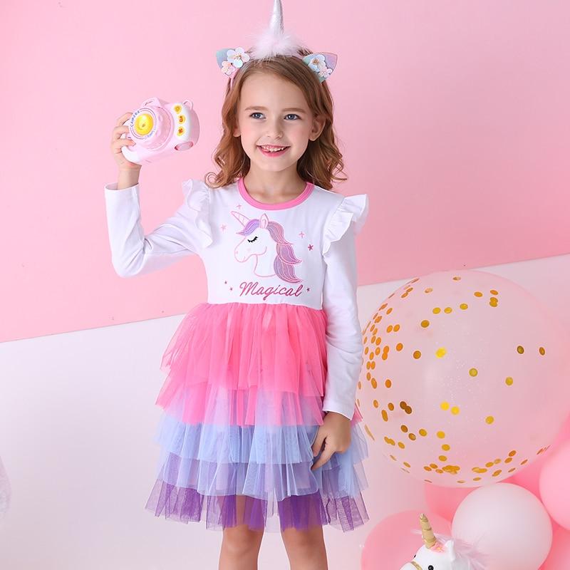 Girls Unicorn Winter Dresses Christmas Party Princess Patchwork Flying Sleeve Dress - MomyMall Dress with Headband / 2-3 Years